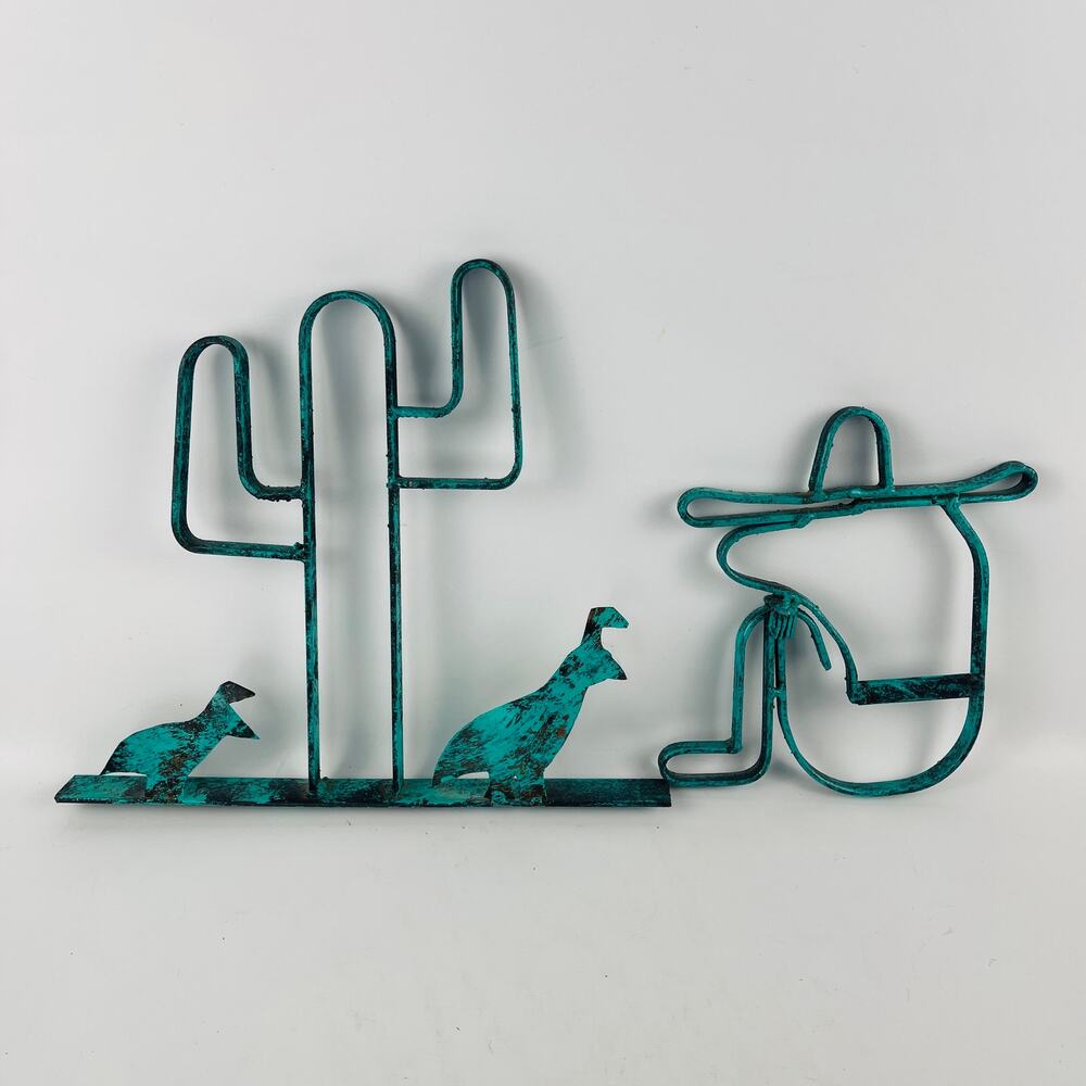 Southwest Metal Wall Art Cactus Pheasant Sombrero Man Turquoise Dark Patina